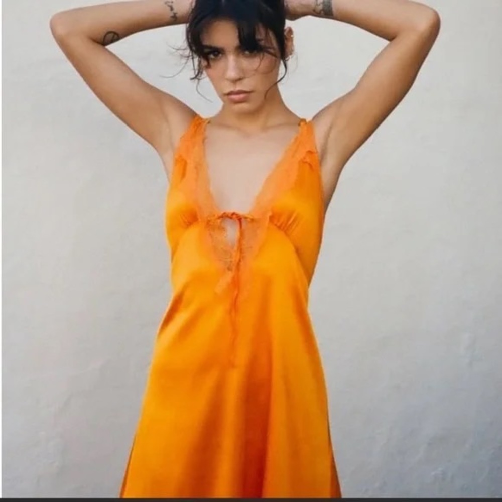 Zara contrasting satin effect dress orange